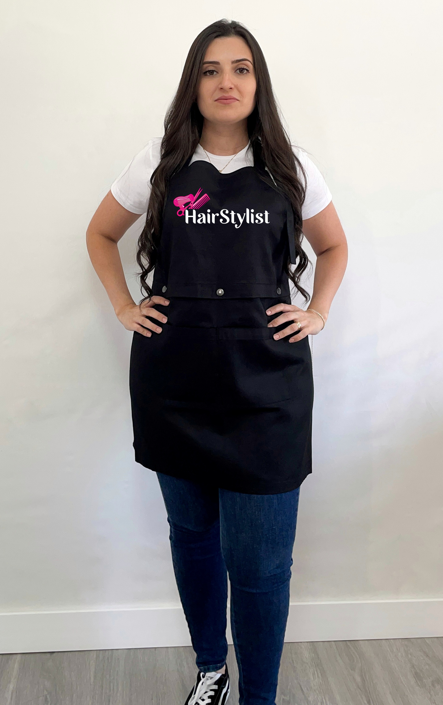 Avental bata 2 em 1 preto Hairstylist rosa