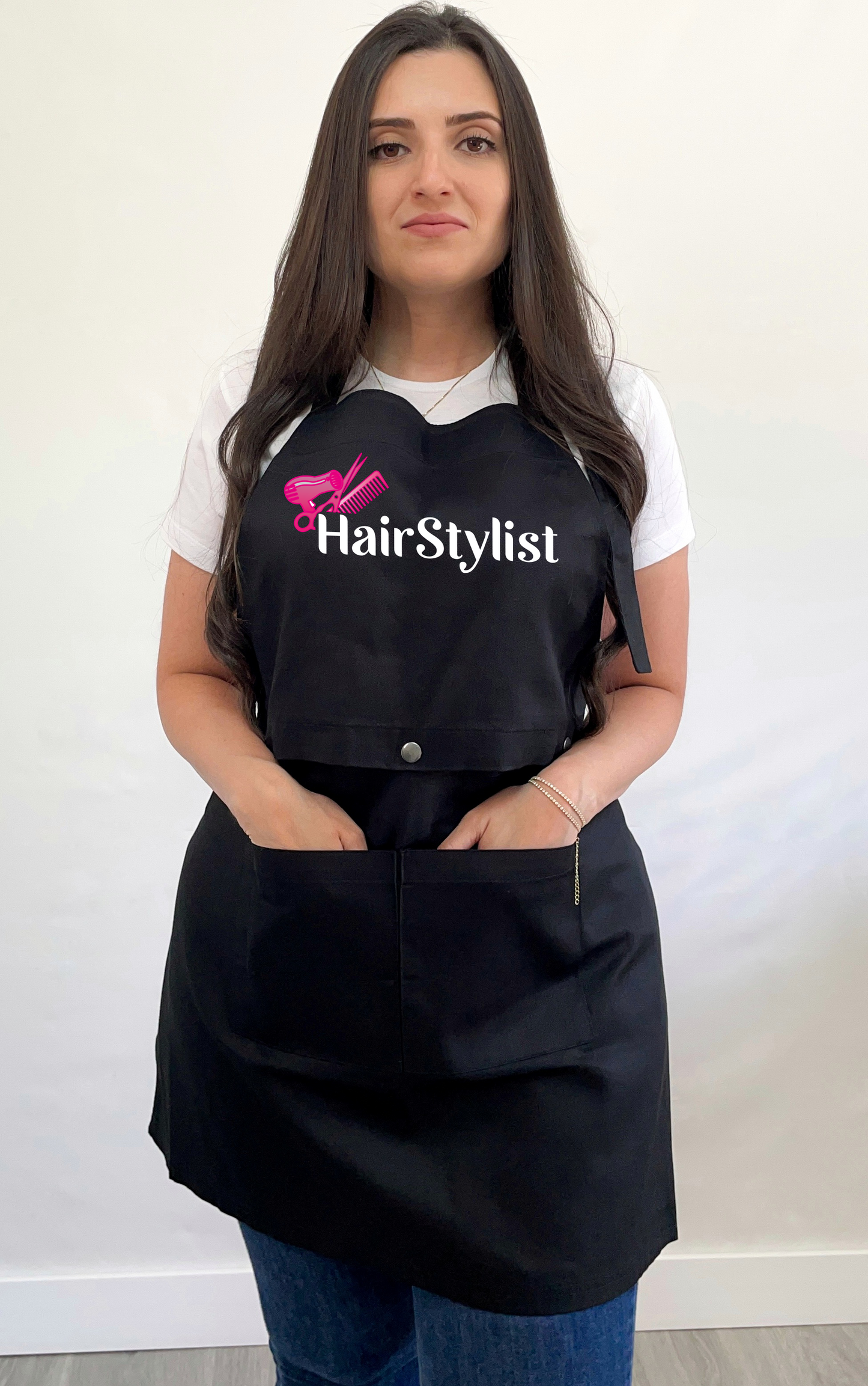 Avental bata 2 em 1 preto Hairstylist rosa