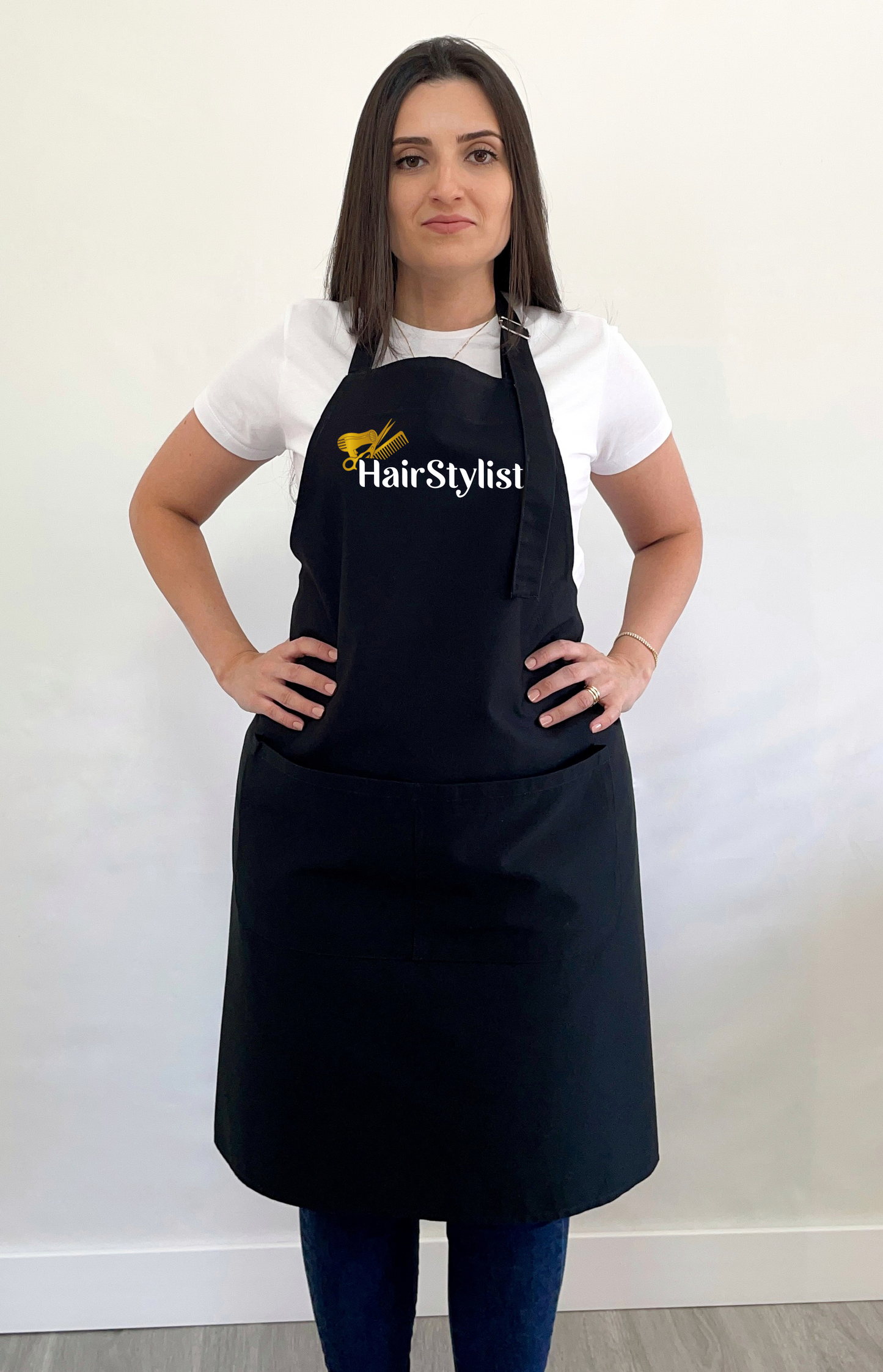 Avental Bata Profissional Hairstylist com Bolso Duplo estampa Dourada