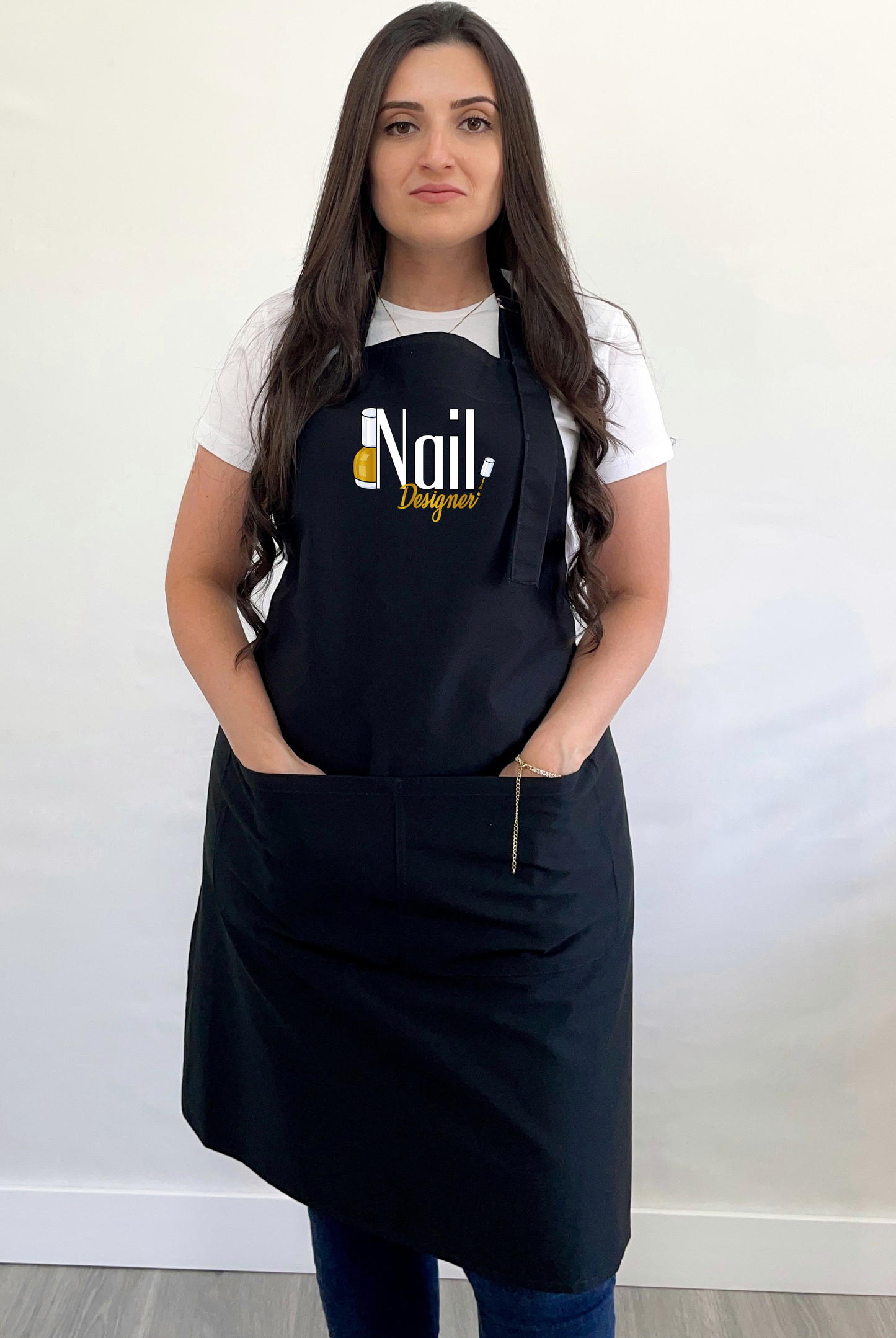 Avental Bata Profissional Nail Design com Bolso Duplo estampa Dourada