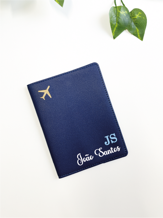 Capa / Porta Passaporte personalizado com seu nome e iniciais Azul