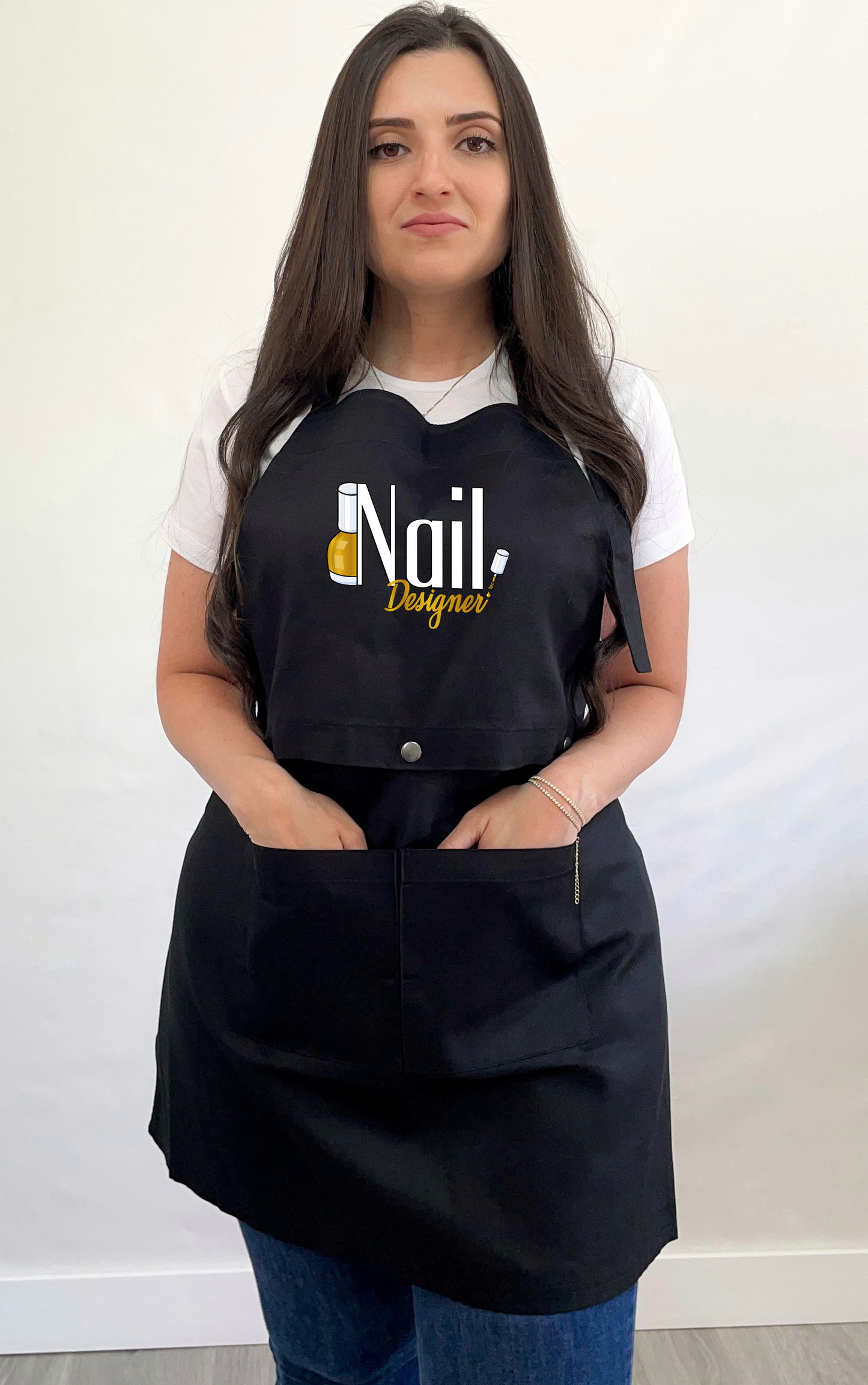 Avental bata 2 em 1 preto Nail Designer dourado