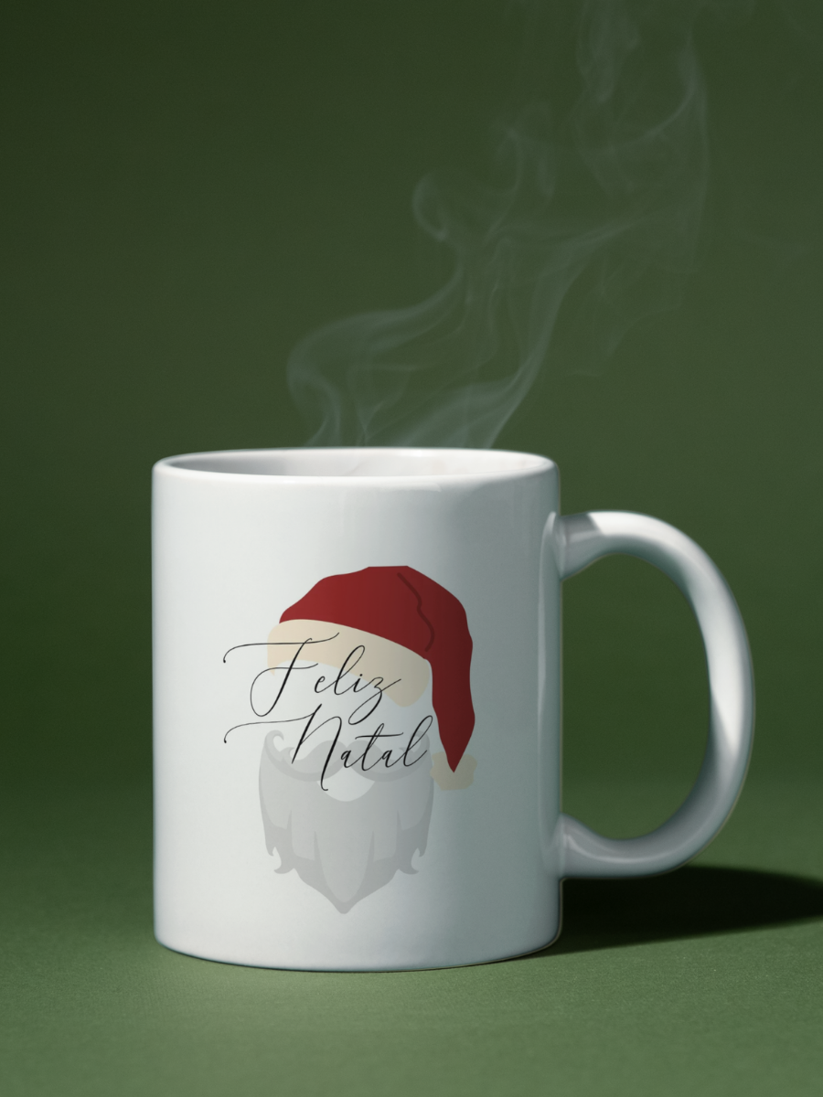 Caneca de Natal em cerâmica branca com estampa temática natalícia.