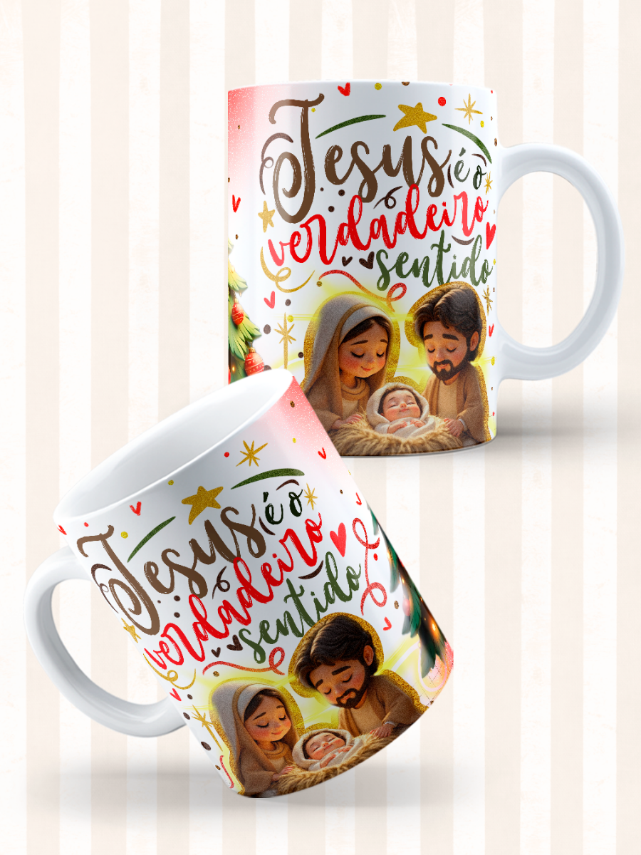 Caneca de Natal em cerâmica branca com estampa temática natalícia.