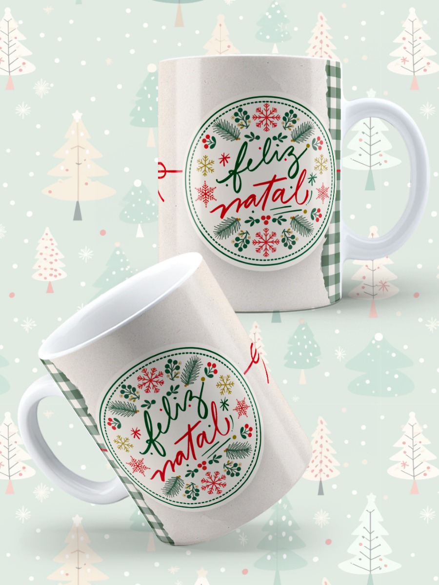 Caneca de Natal em cerâmica branca com estampa temática natalícia.