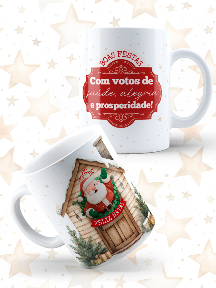 Caneca de Natal em cerâmica branca com estampa temática natalícia.