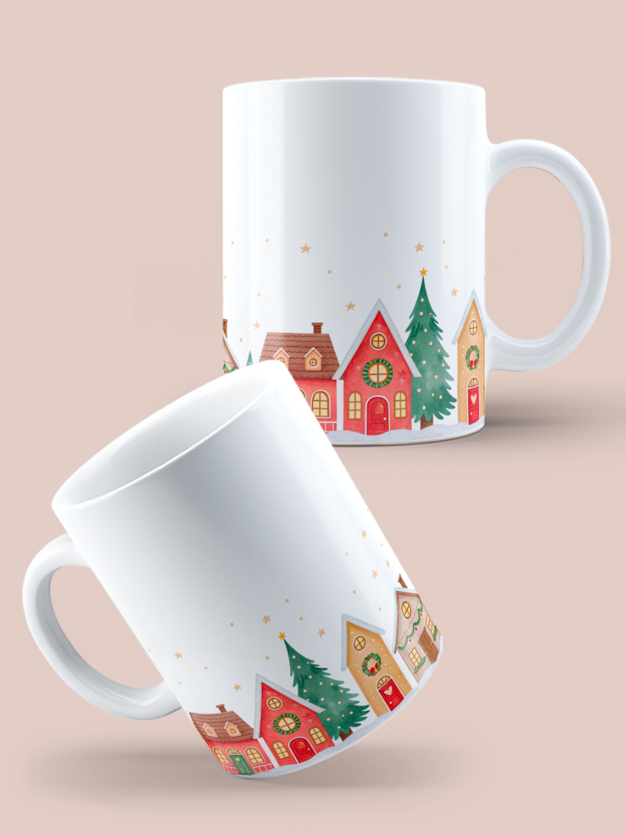 Caneca de Natal em cerâmica branca com estampa temática natalícia.