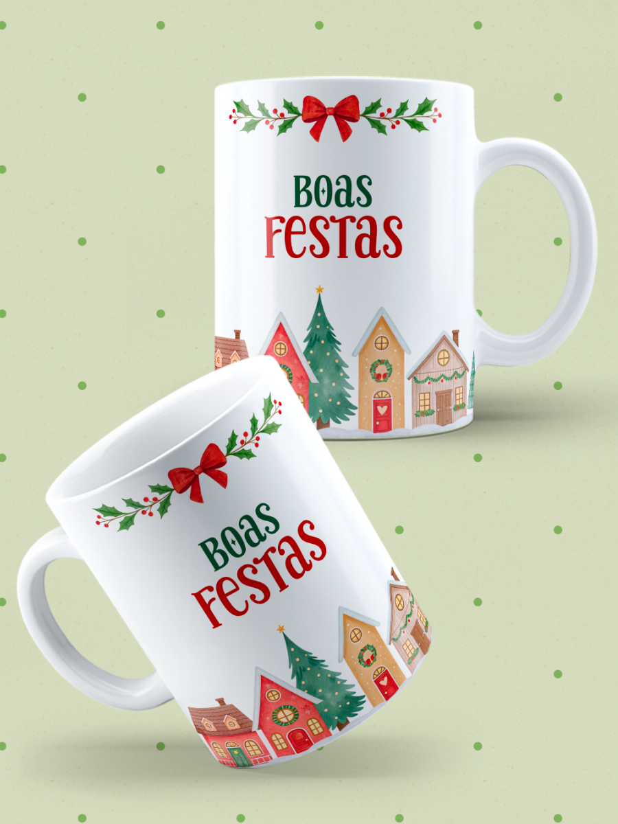 Caneca de Natal em cerâmica branca com estampa temática natalícia.