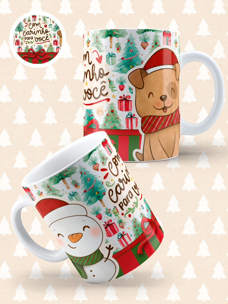 Caneca de Natal em cerâmica branca com estampa temática natalícia.
