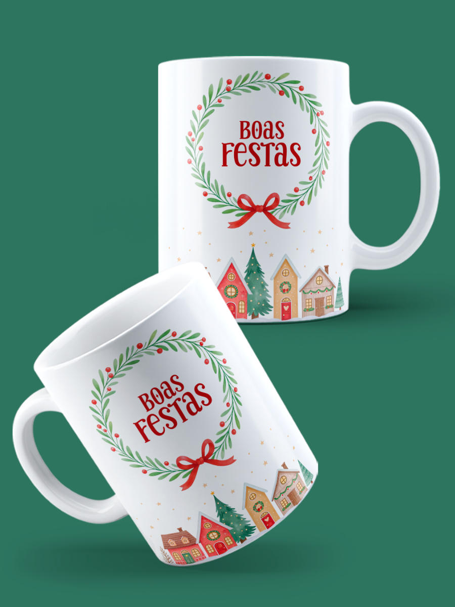 Caneca de Natal em cerâmica branca com estampa temática natalícia.