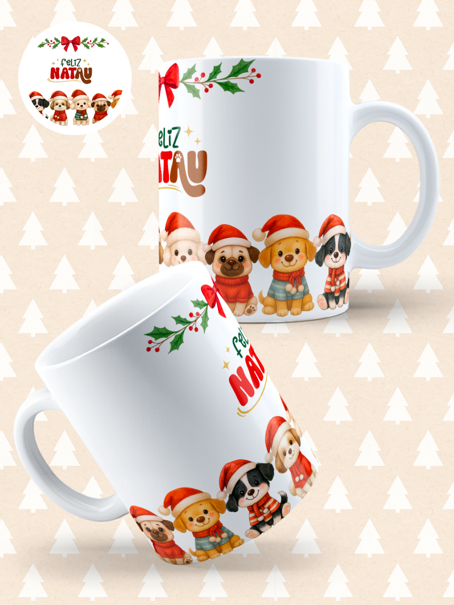 Caneca de Natal em cerâmica branca com estampa temática natalícia.