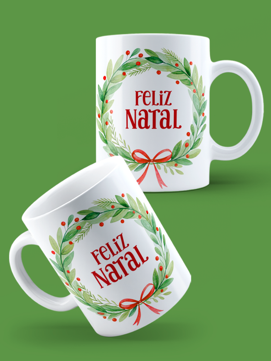 Caneca de Natal em cerâmica branca com estampa temática natalícia.