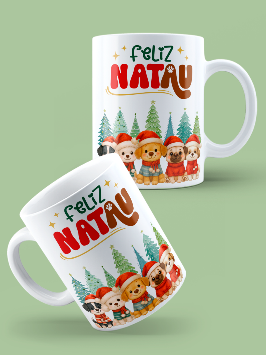 Caneca de Natal em cerâmica branca com estampa temática natalícia.