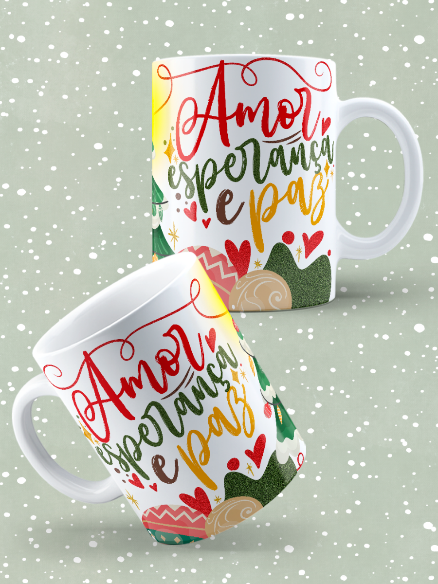Caneca de Natal em cerâmica branca com estampa temática natalícia.