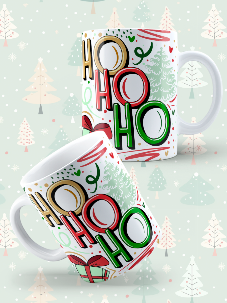 Caneca de Natal em cerâmica branca com estampa temática natalícia.