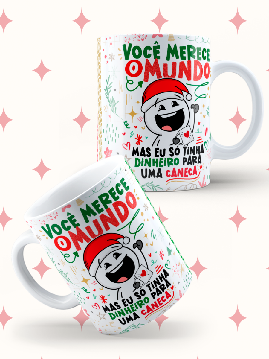 Caneca de Natal em cerâmica branca com estampa temática natalícia.