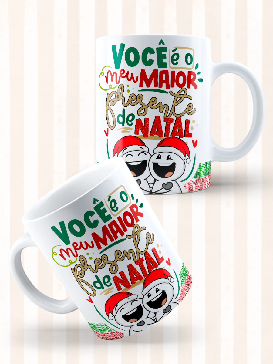 Caneca de Natal em cerâmica branca com estampa temática natalícia.