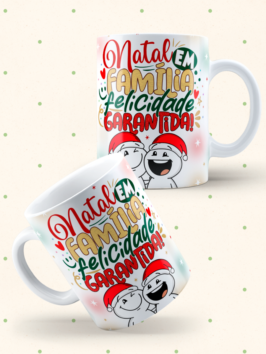 Caneca de Natal em cerâmica branca com estampa temática natalícia.