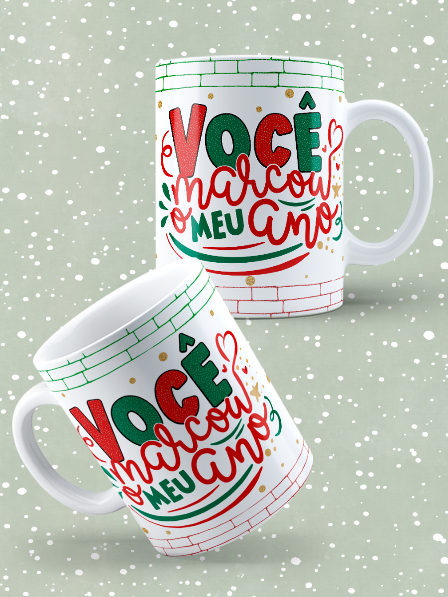Caneca de Natal em cerâmica branca com estampa temática natalícia.