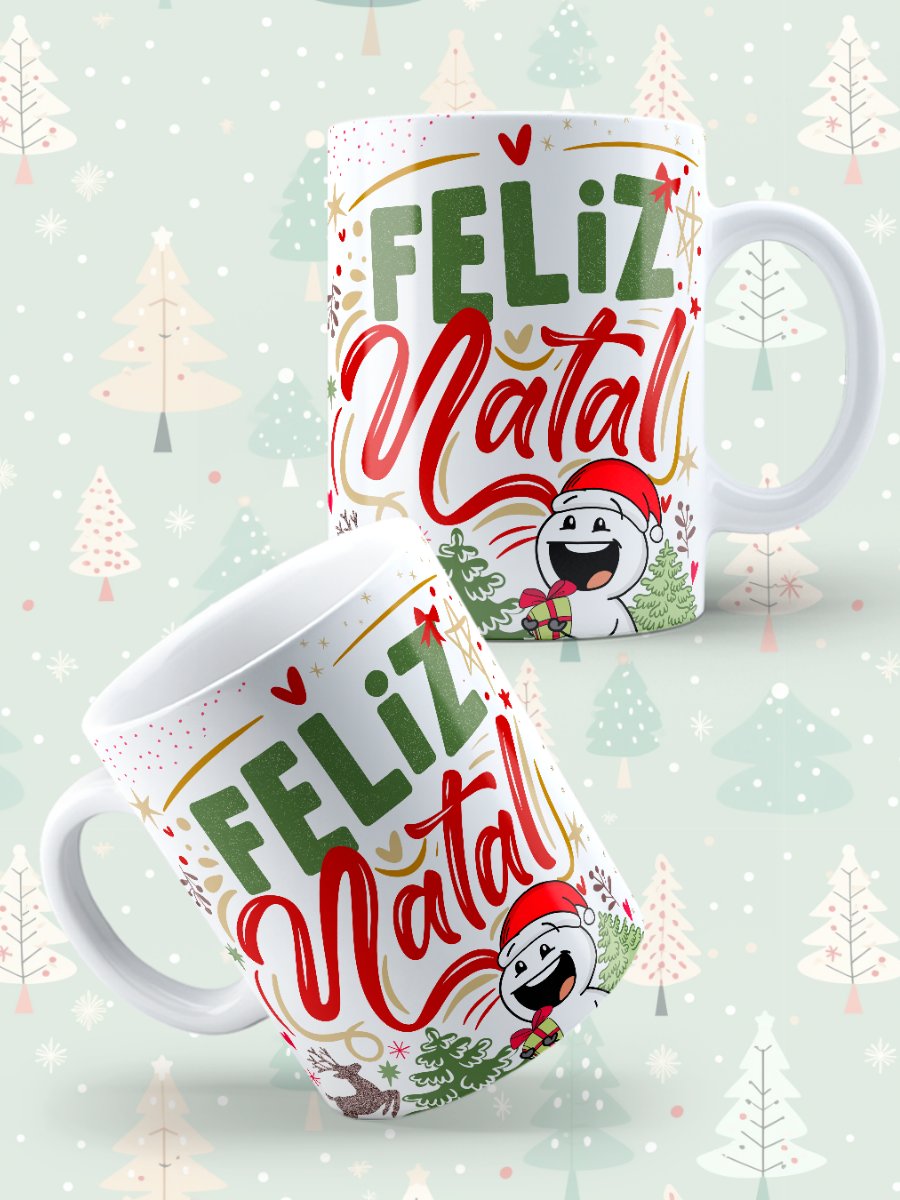 Caneca de Natal em cerâmica branca com estampa temática natalícia.
