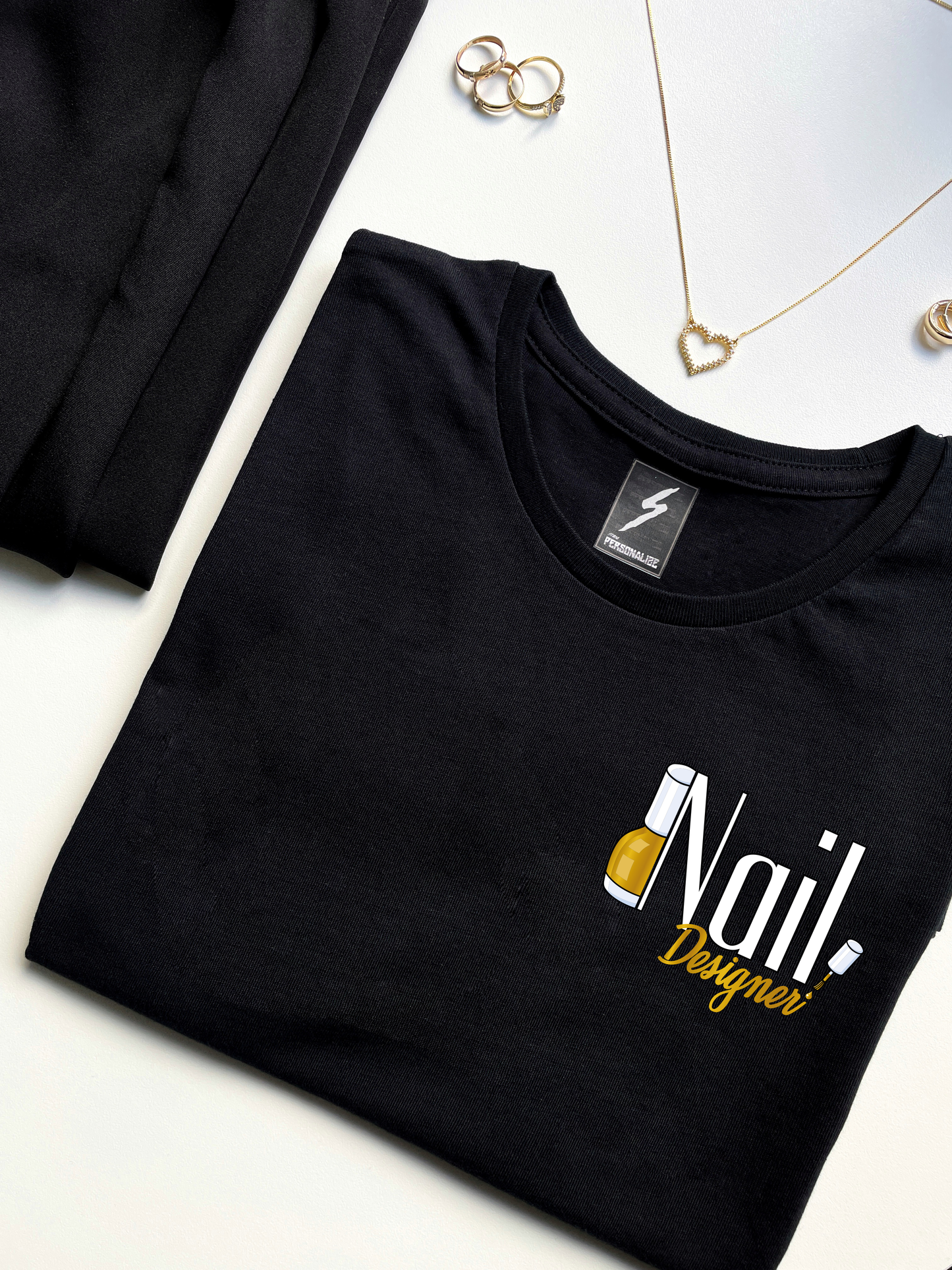 T-shirt Nail Designer Algodão Penteado Preta estampa dourada