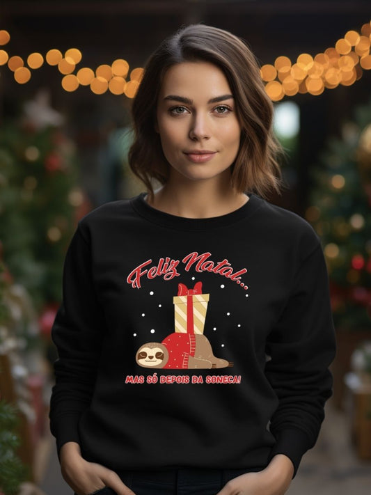 Camisola de Natal vermelho com estampa natalícia feliz natal... mas só depois da soneca 