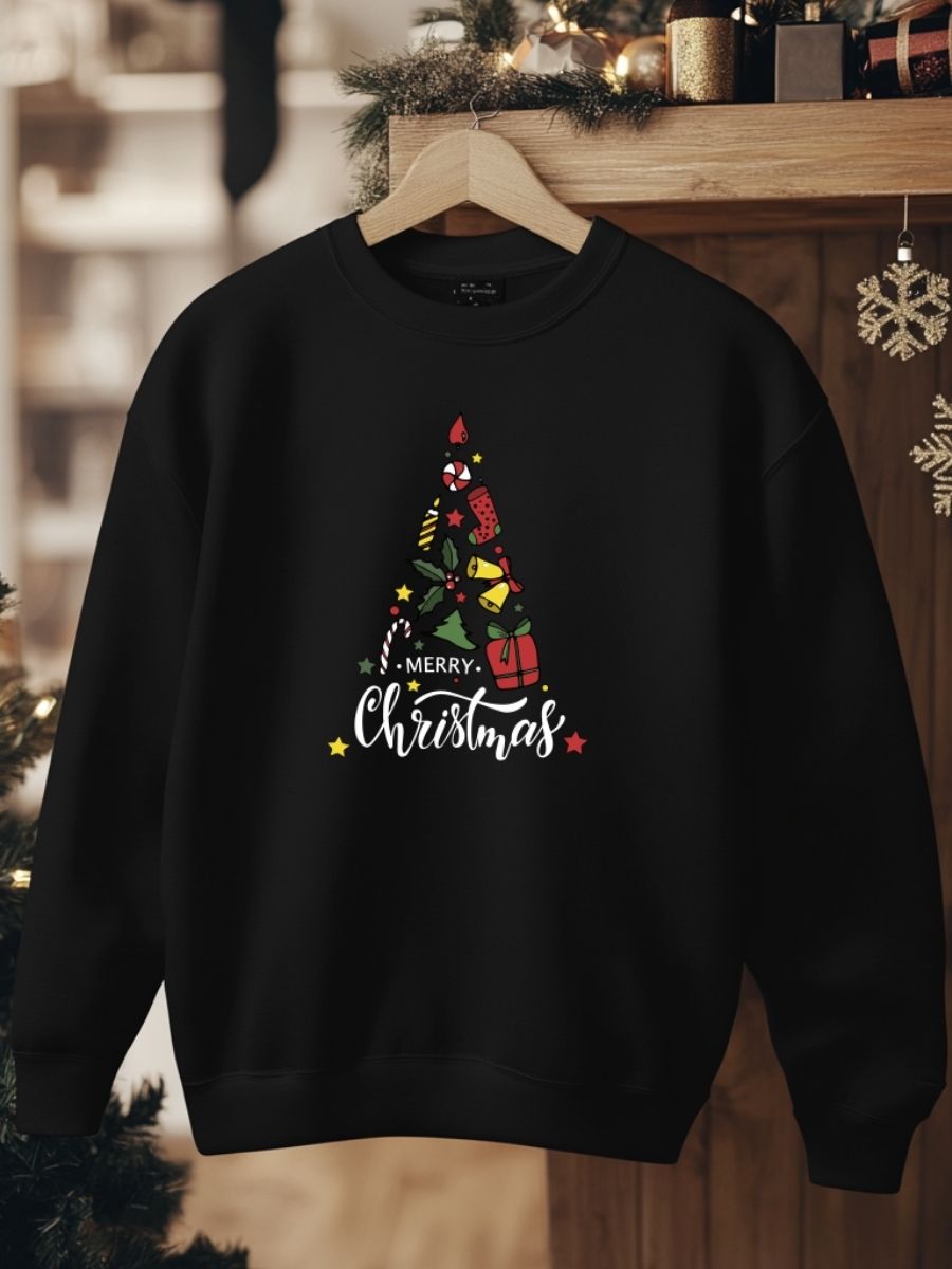 Camisola de Natal com estampa natalícia merry christmas arvore presentes