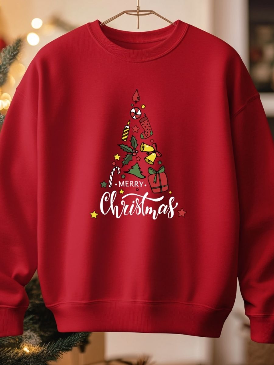 Camisola de Natal com estampa natalícia merry christmas arvore presentes
