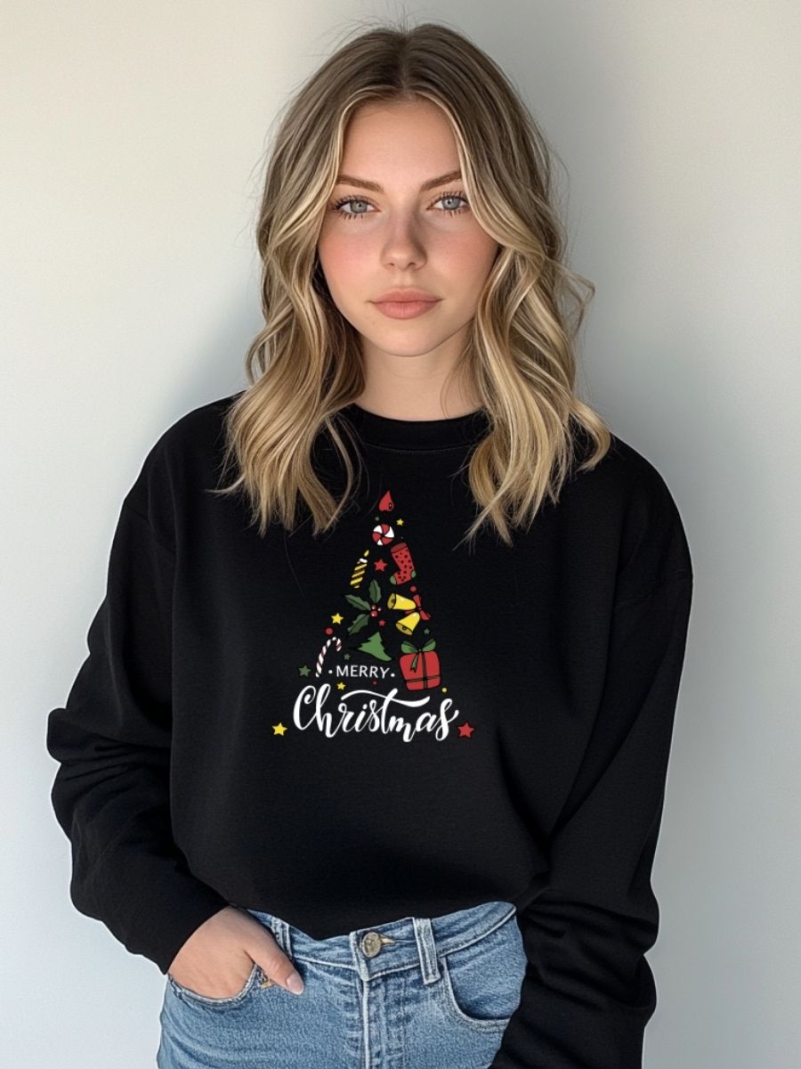 Camisola de Natal com estampa natalícia merry christmas arvore presentes