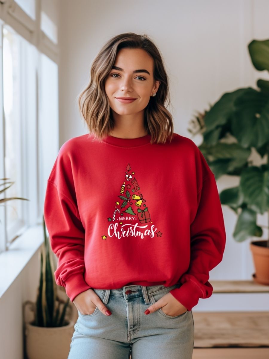 Camisola de Natal com estampa natalícia merry christmas arvore presentes