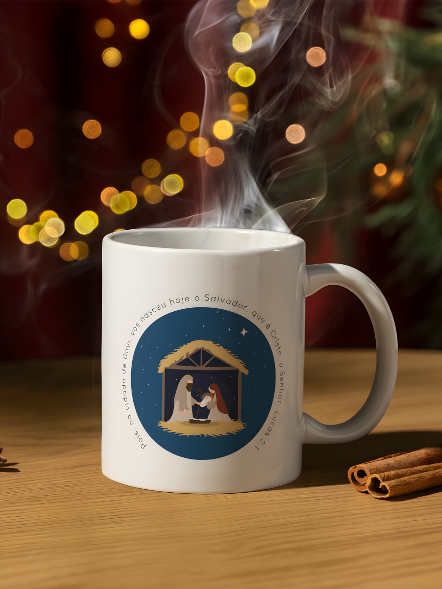 Caneca de Natal em cerâmica branca com estampa temática natalícia.