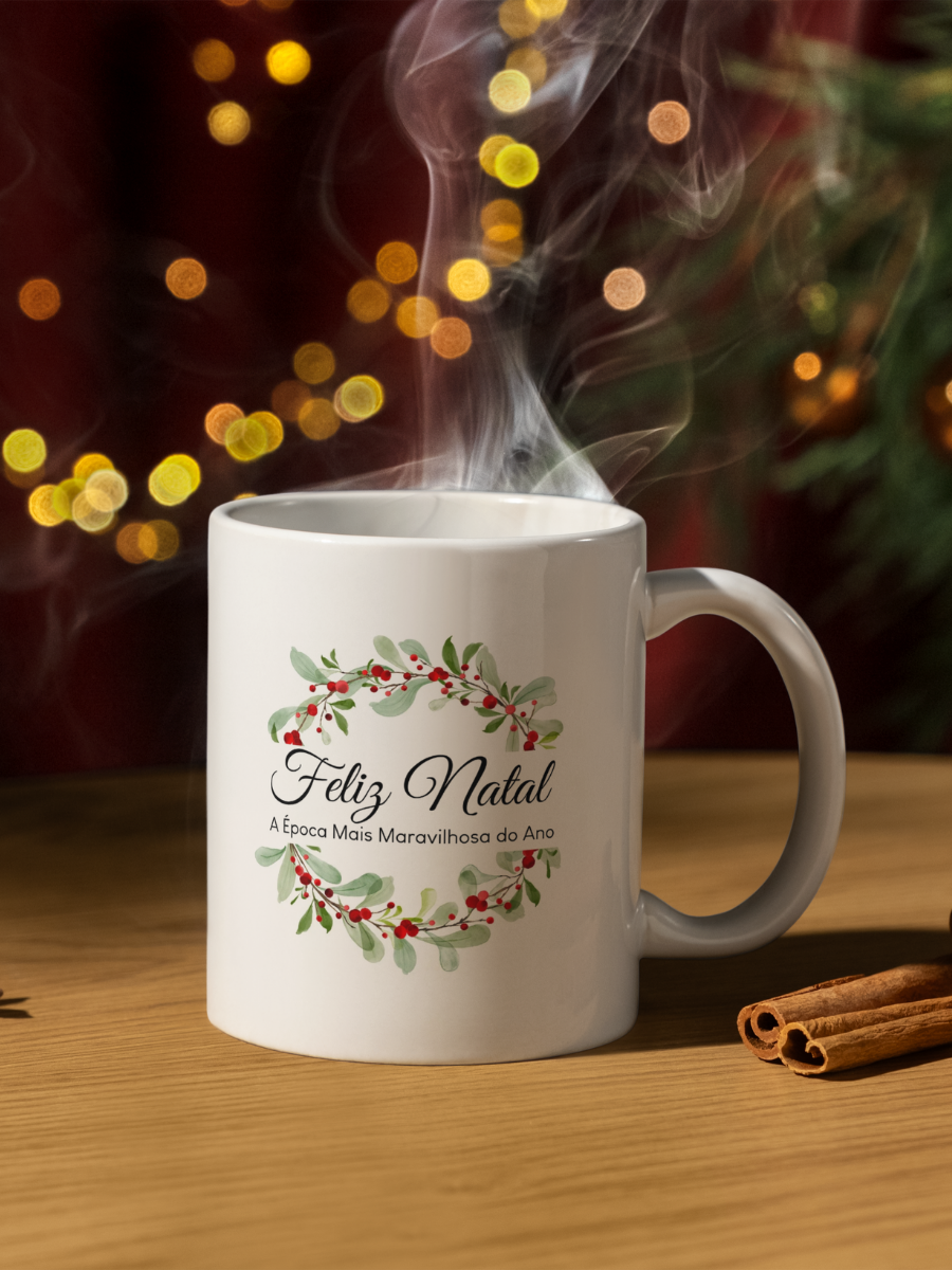 Caneca de Natal em cerâmica branca com estampa temática natalícia.