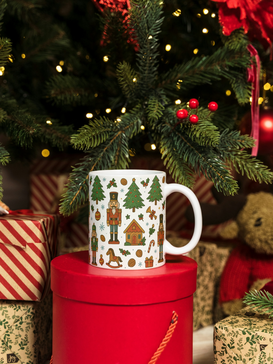 Caneca de Natal em cerâmica branca com estampa temática natalícia.