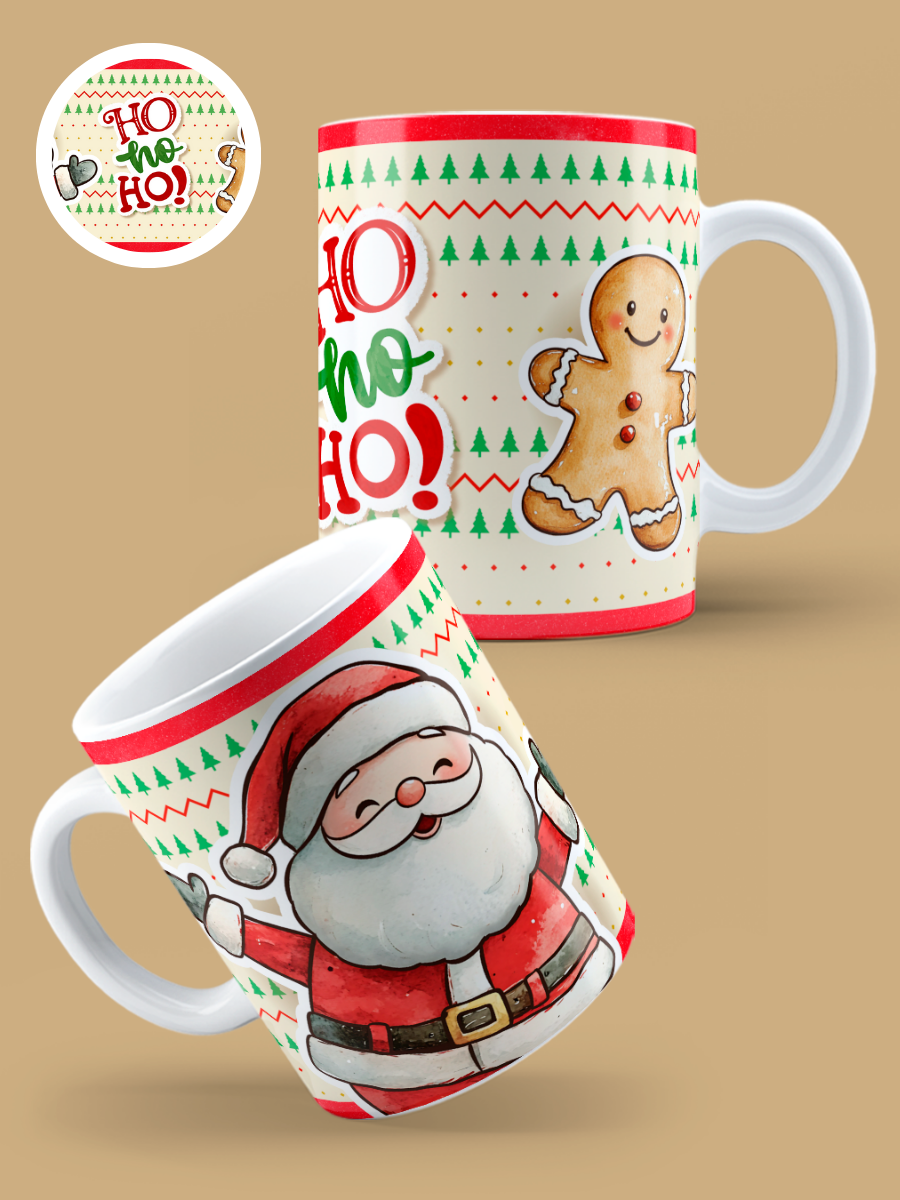 Caneca de Natal em cerâmica branca com estampa temática natalícia.