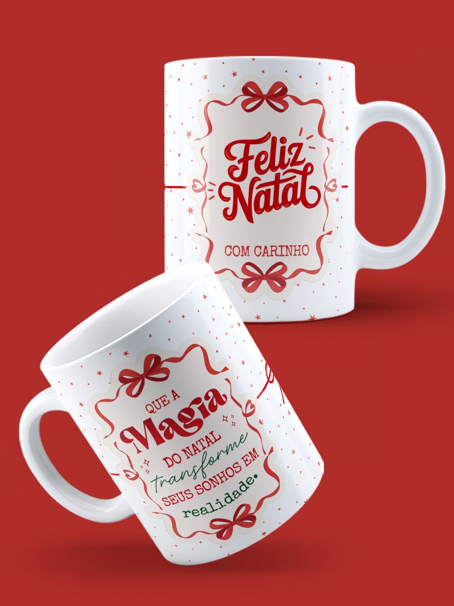 Caneca de Natal em cerâmica branca com estampa temática natalícia.