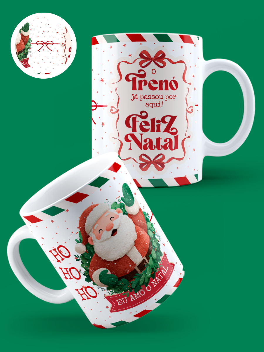 Caneca de Natal em cerâmica branca com estampa temática natalícia.