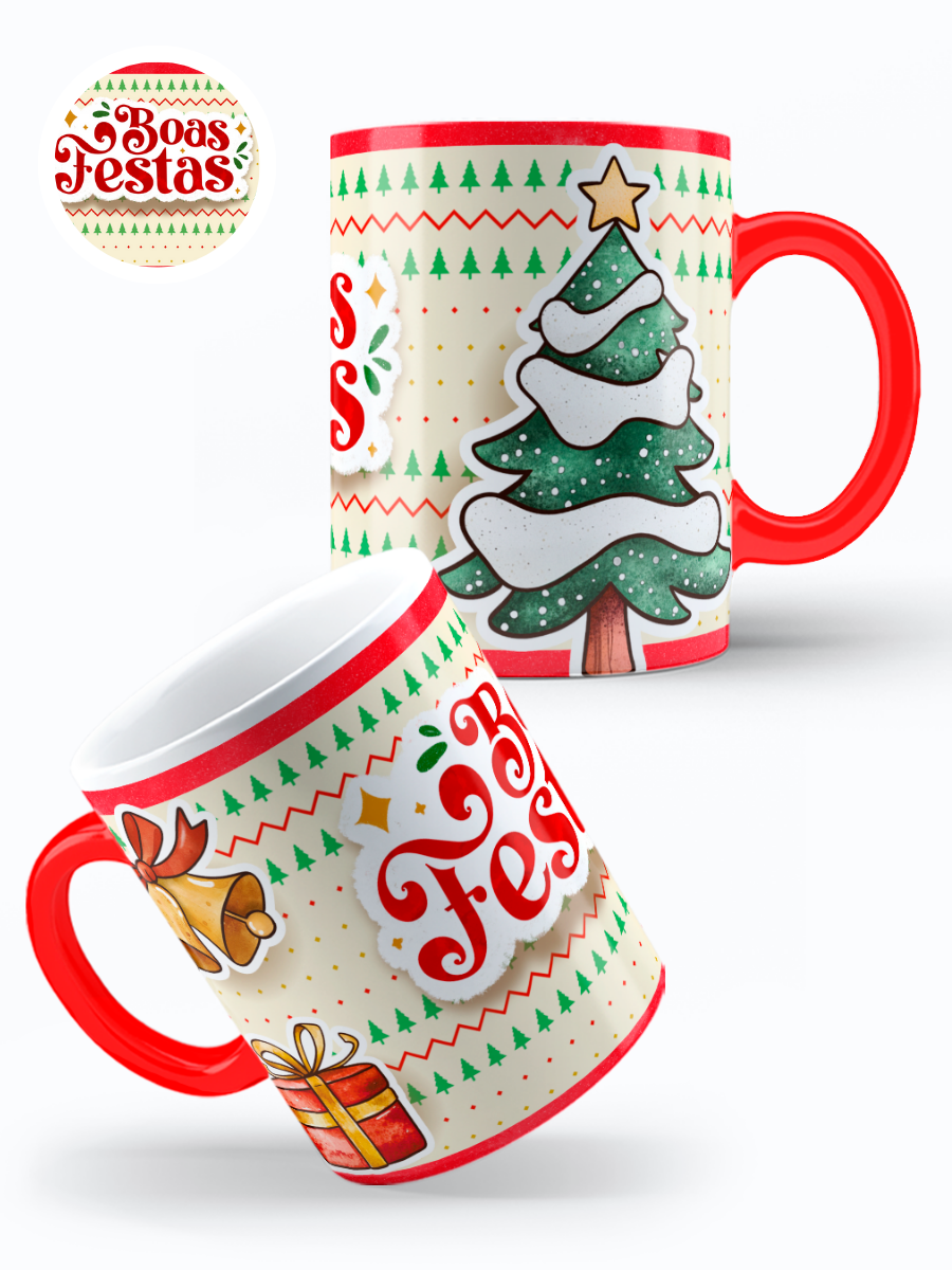 Caneca de Natal em cerâmica branca com estampa temática natalícia.