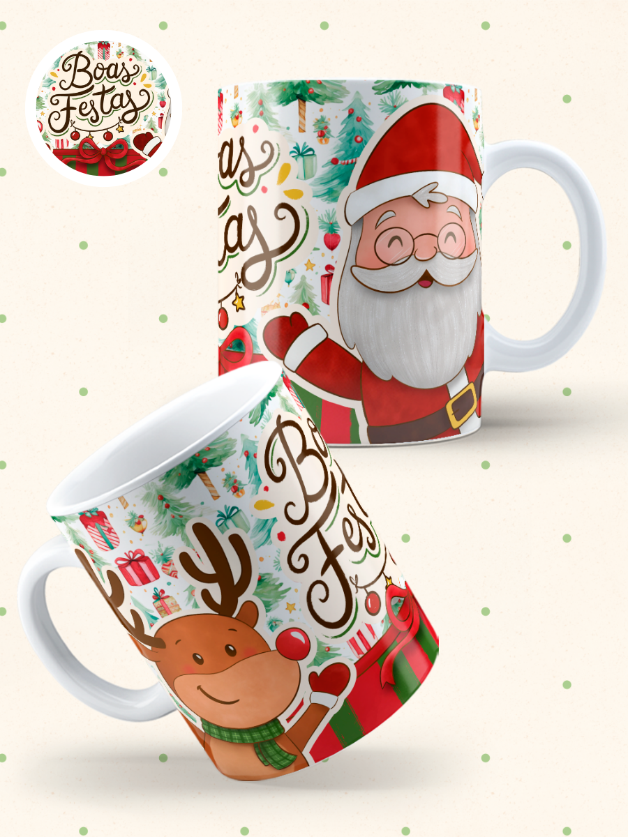 Caneca de Natal em cerâmica branca com estampa temática natalícia.