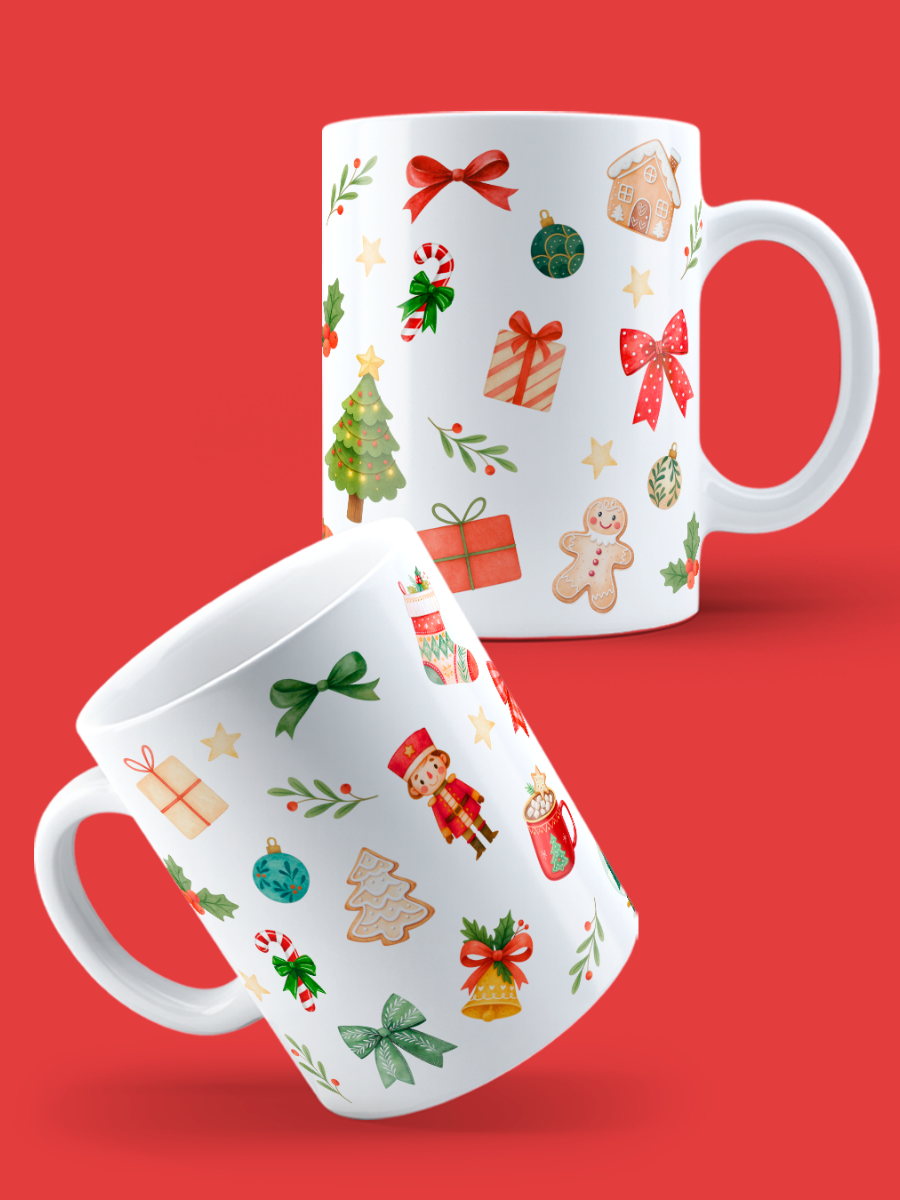 Caneca de Natal em cerâmica branca com estampa temática natalícia.