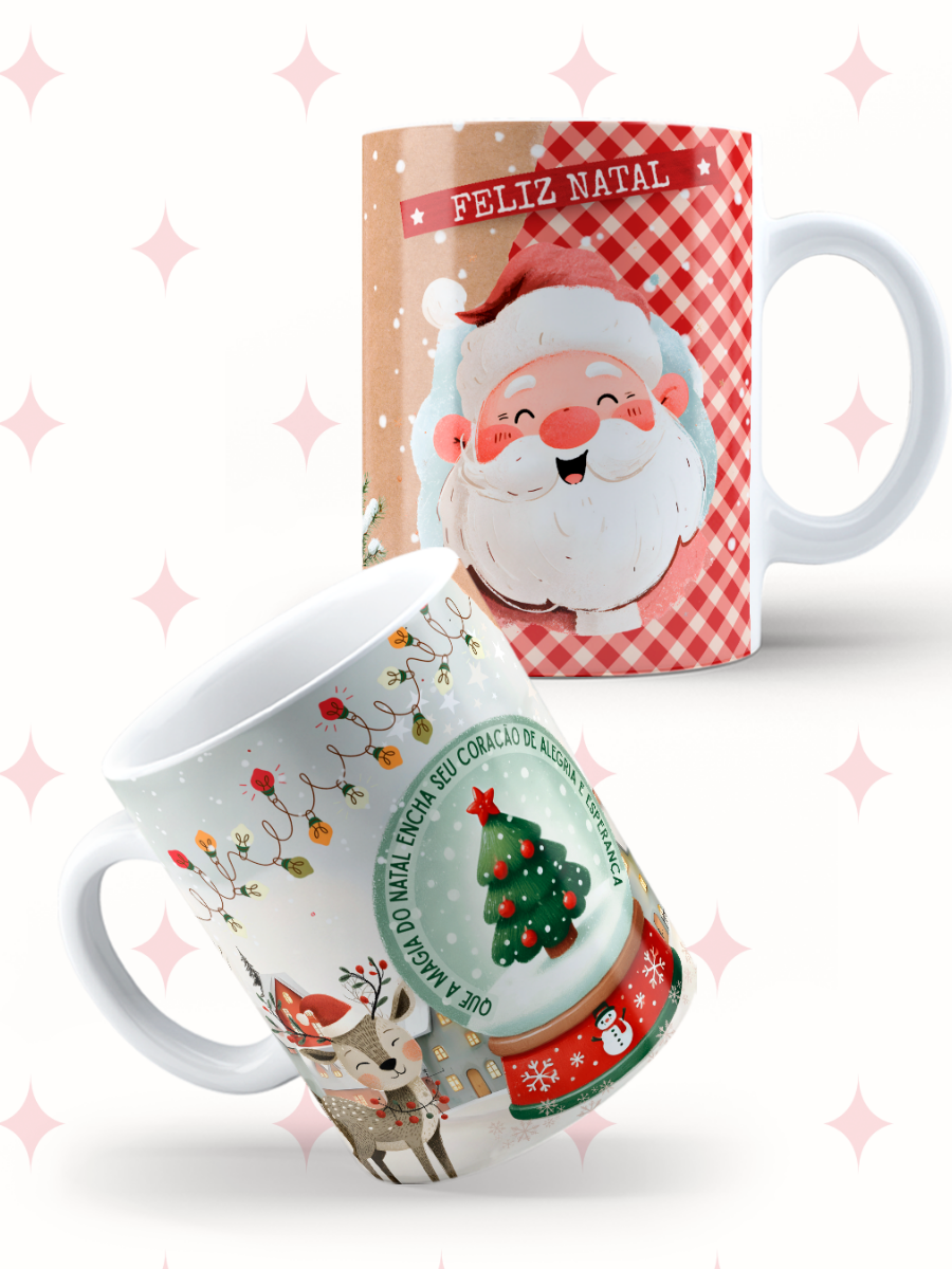 Caneca de Natal em cerâmica branca com estampa temática natalícia.