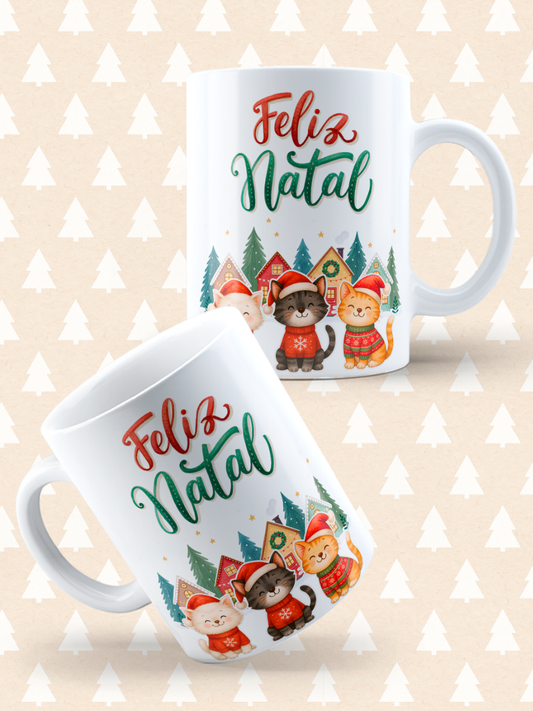 Caneca de Natal em cerâmica branca com estampa temática natalícia.