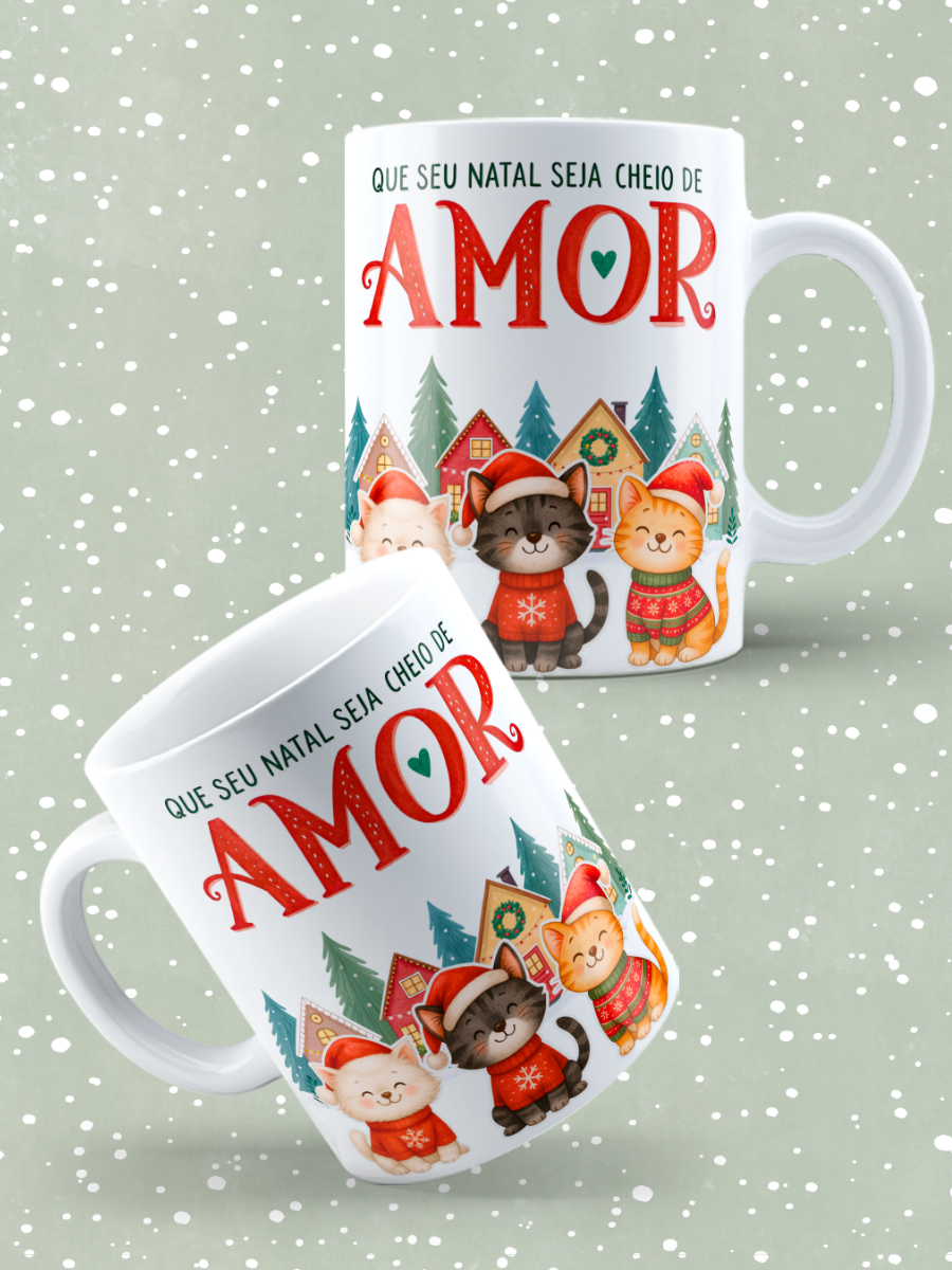 Caneca de Natal em cerâmica branca com estampa temática natalícia.