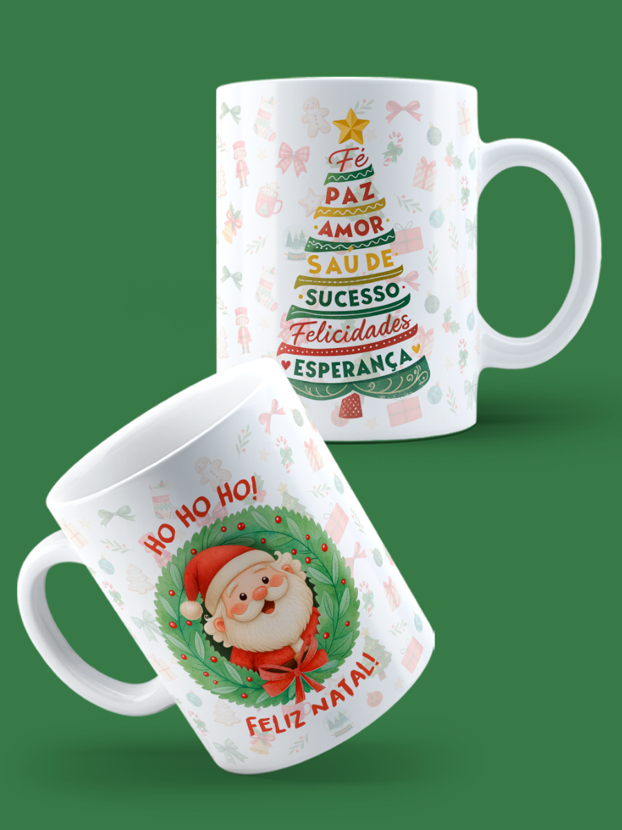 Caneca de Natal em cerâmica branca com estampa temática natalícia.