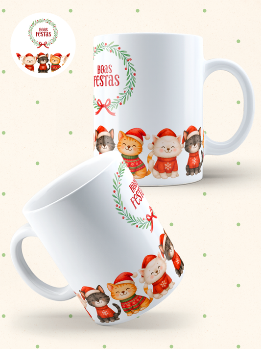 Caneca de Natal em cerâmica branca com estampa temática natalícia.