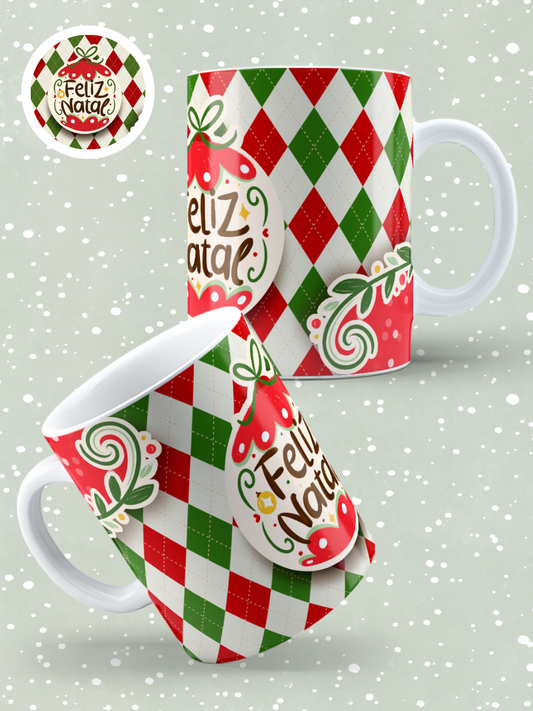 Caneca de Natal em cerâmica branca com estampa temática natalícia.