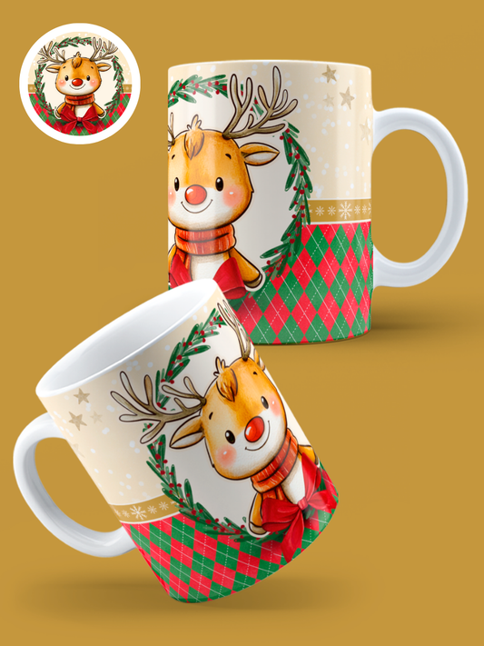 Caneca de Natal em cerâmica branca com estampa temática natalícia.