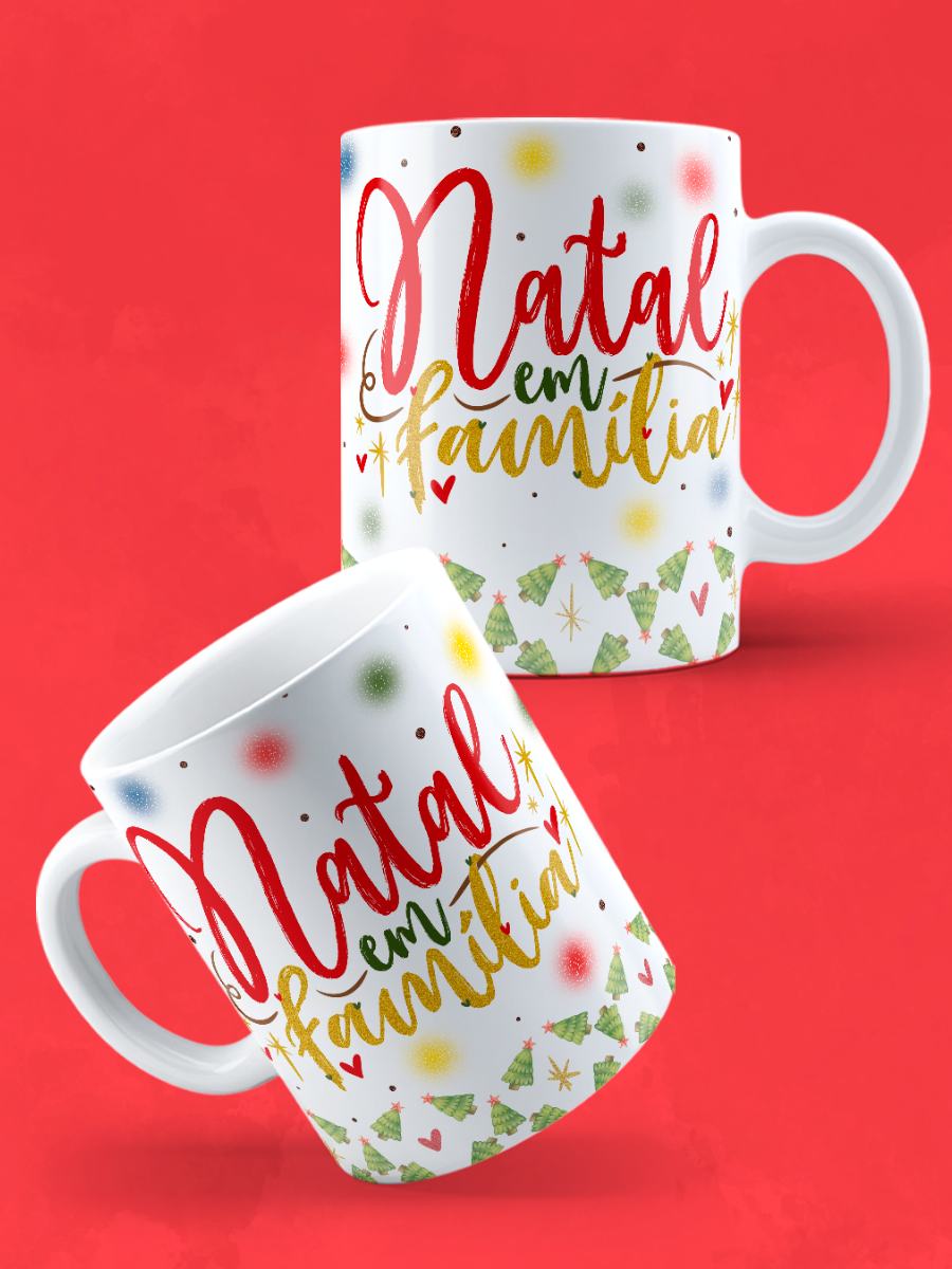 Caneca de Natal em cerâmica branca com estampa temática natalícia.