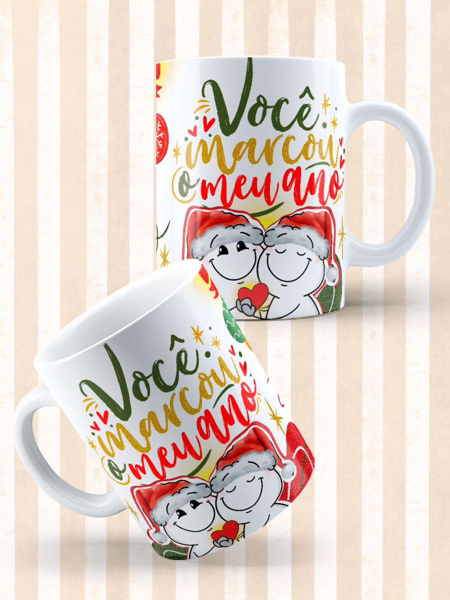 Caneca de Natal em cerâmica branca com estampa temática natalícia.