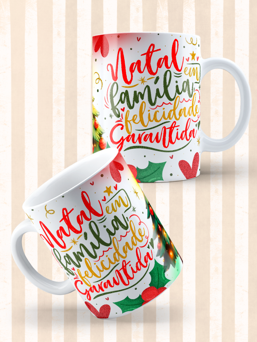 Caneca de Natal em cerâmica branca com estampa temática natalícia.