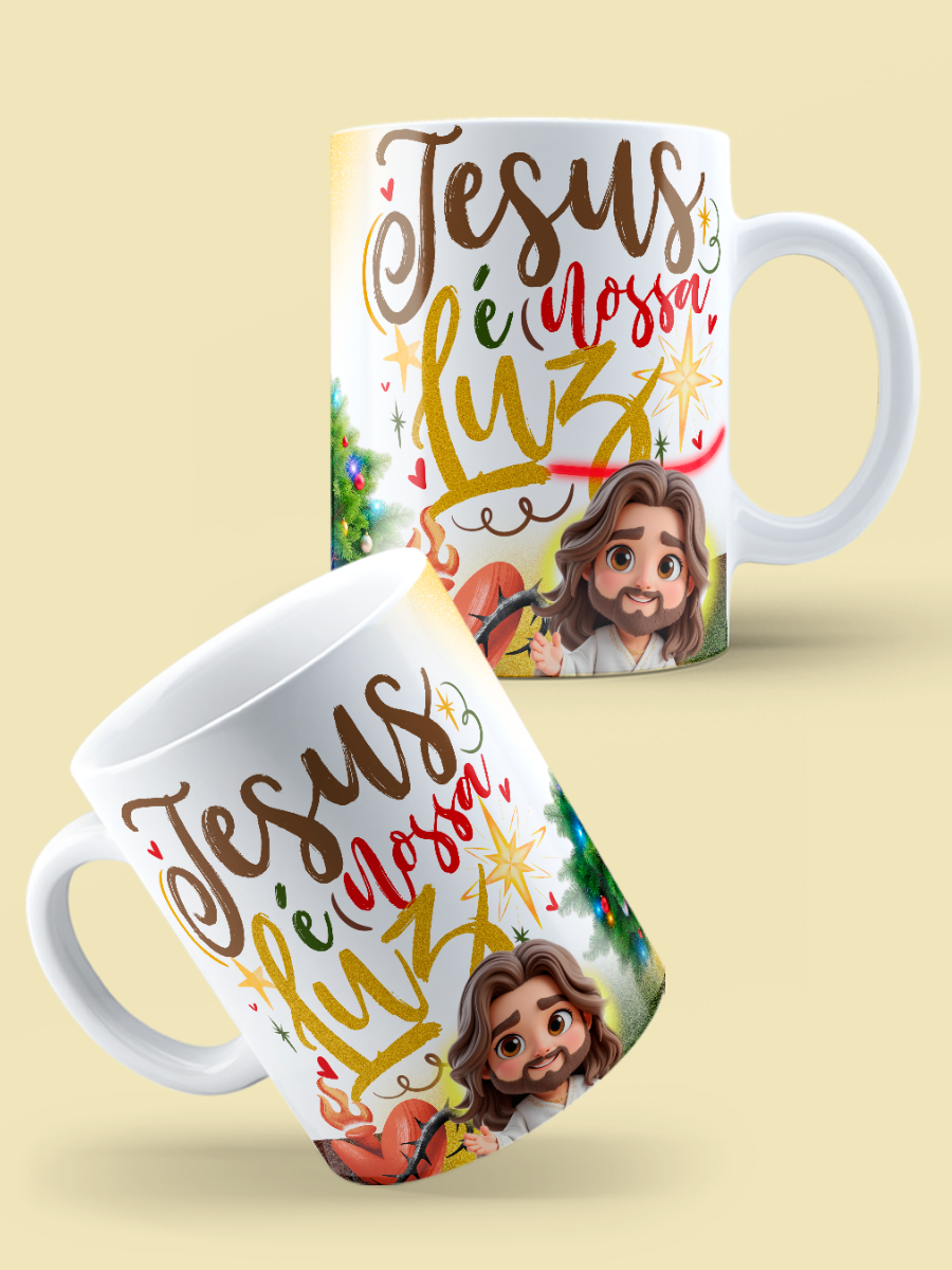 Caneca de Natal em cerâmica branca com estampa temática natalícia.